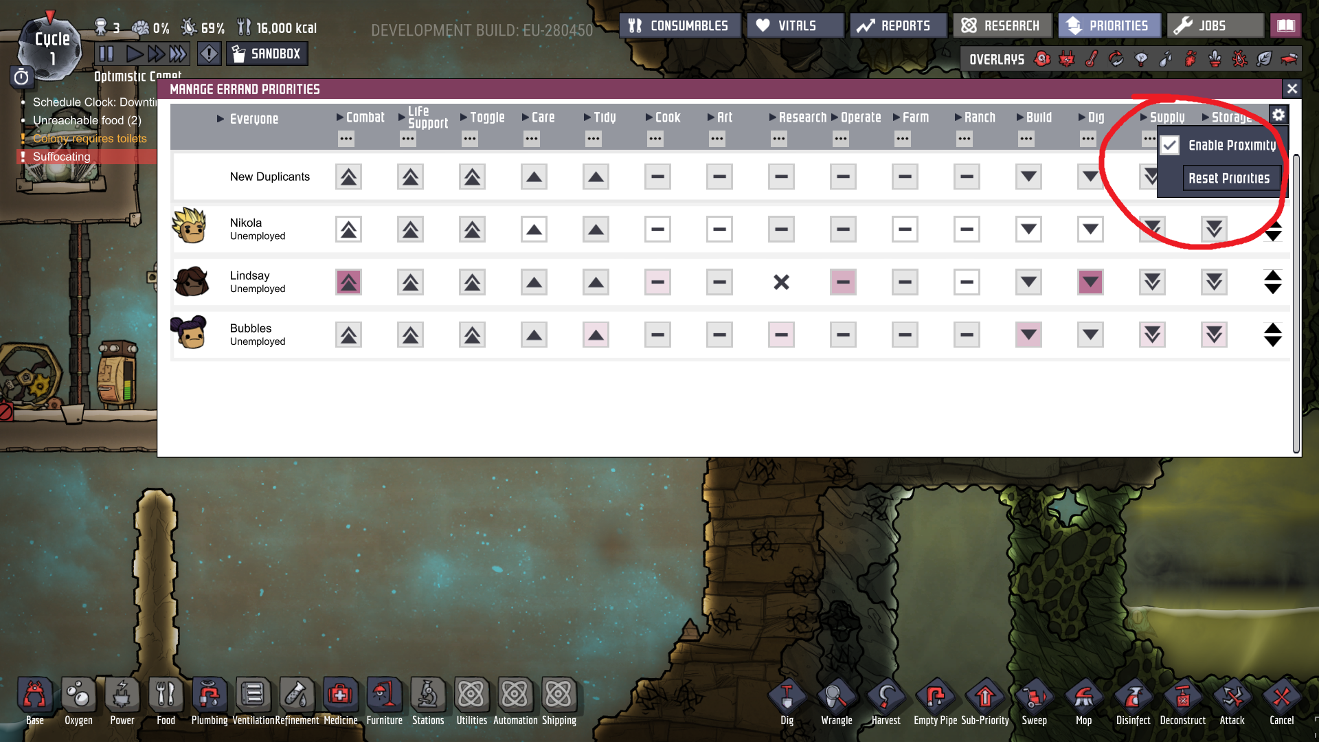 exosuits and proximity errand settings Oxygen Not Included Klei