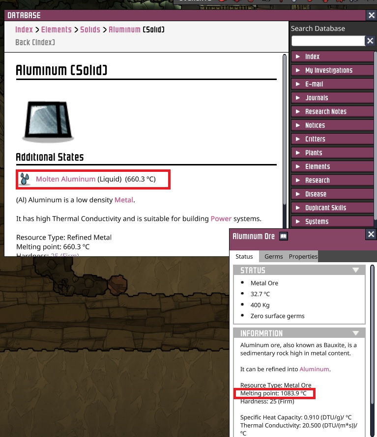 Aluminium ore melting point seems incorrect Oxygen Not Included