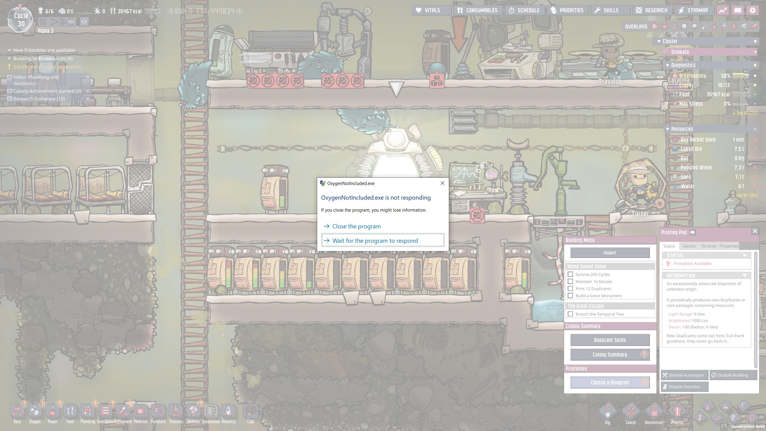 Game hangs on New Printable Oxygen Not Included Spaced Out! Klei Entertainment Forums