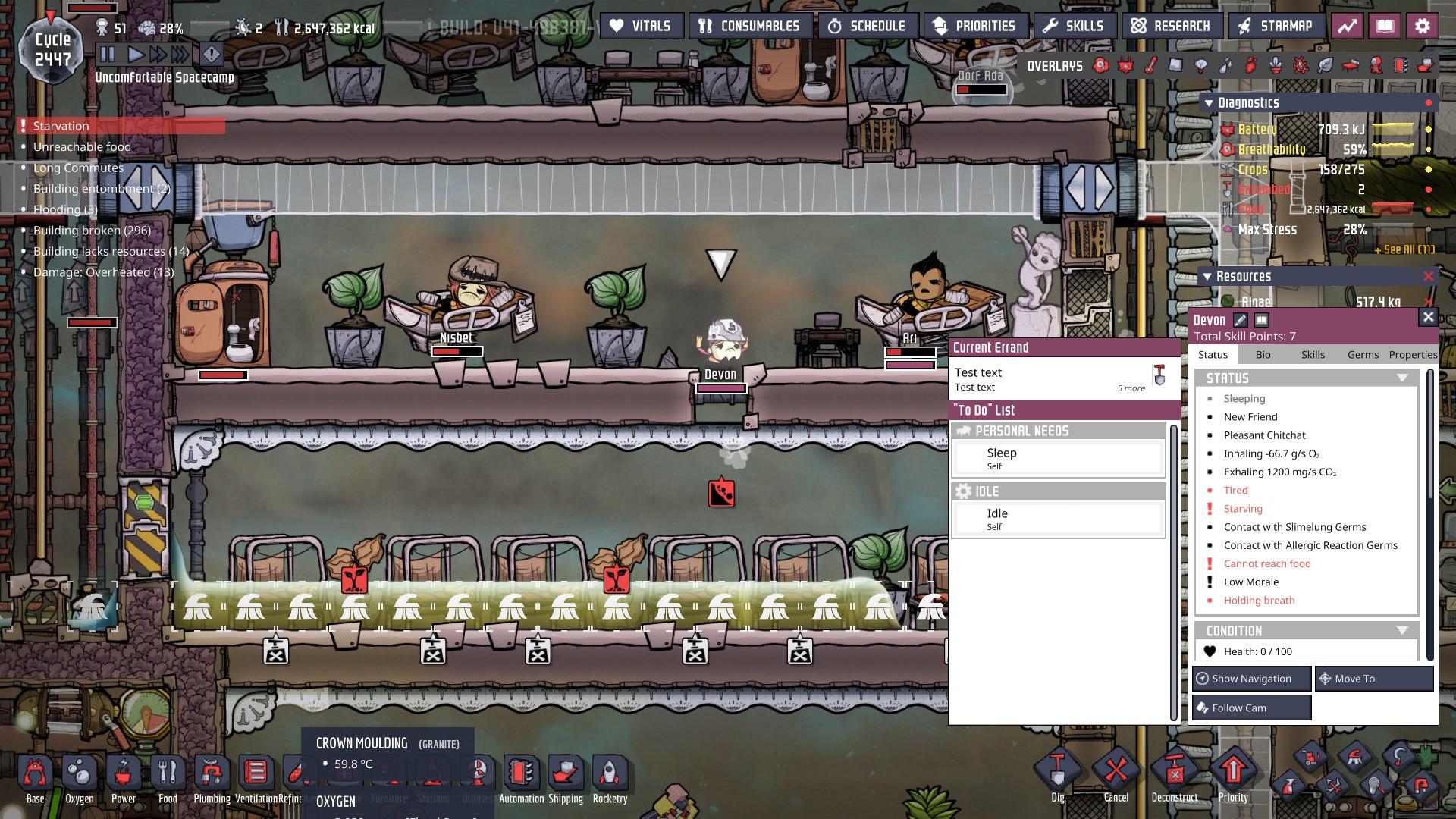 Dupe stuck "Test text"ing under a Triage Cot Oxygen Not Included