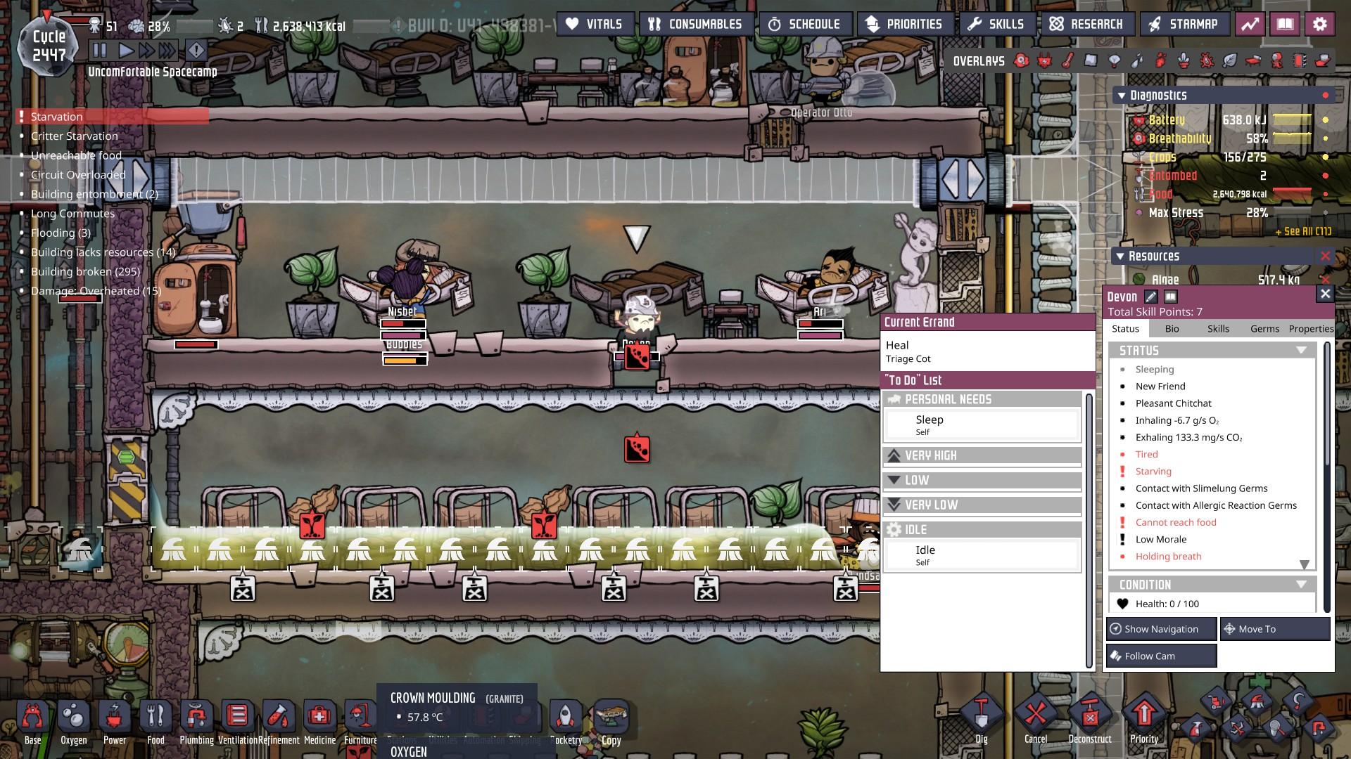 Dupe stuck "Test text"ing under a Triage Cot Oxygen Not Included