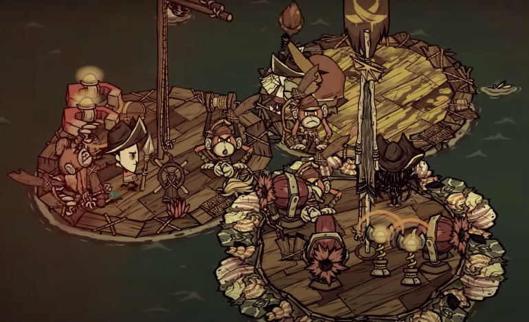 The survivors, now with two fully-decked boats connected by magnets, fending off a pirate raid, which seems to be going better this time. Wendy, Webber, and Wilson all have pirate hats.