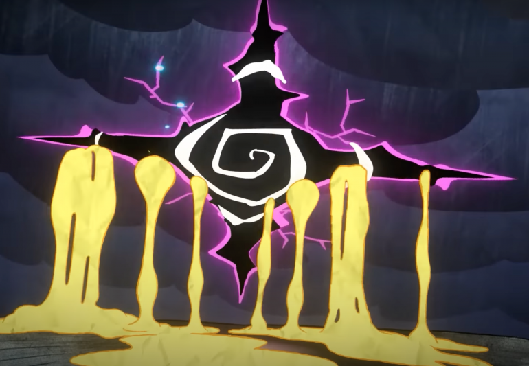 The Unnatural Portal, shown as a crack in space with glowing purple edges and a white spiral on a black background. A mysterious golden liquid flows out of it.