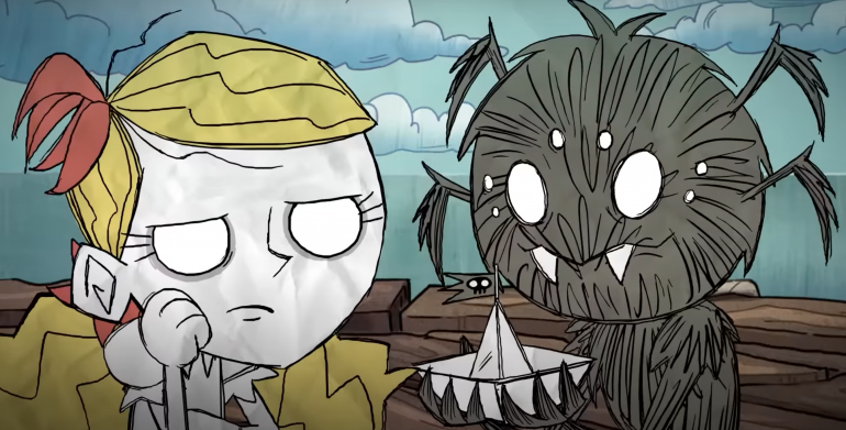 Wendy is bored and pensive. Webber, also bored, makes a paper pirate boat.