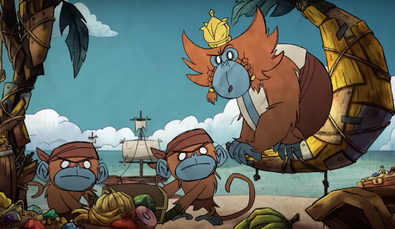 Two Monkey Pirates carrying a chest of gold. The Monkey Queen has noticed something out of the ordinary.