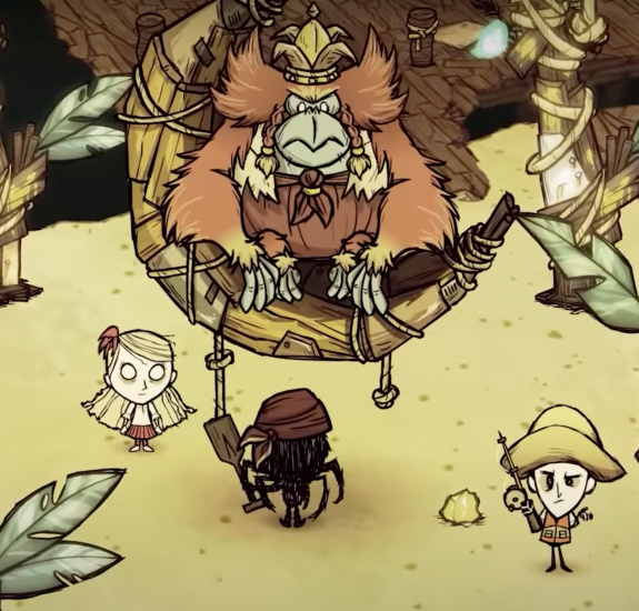 The survivors visiting the Monkey Queen. Wilson attempts to give her a gold nugget, which she doesn't accept. Webber has a bandanna and an oar.