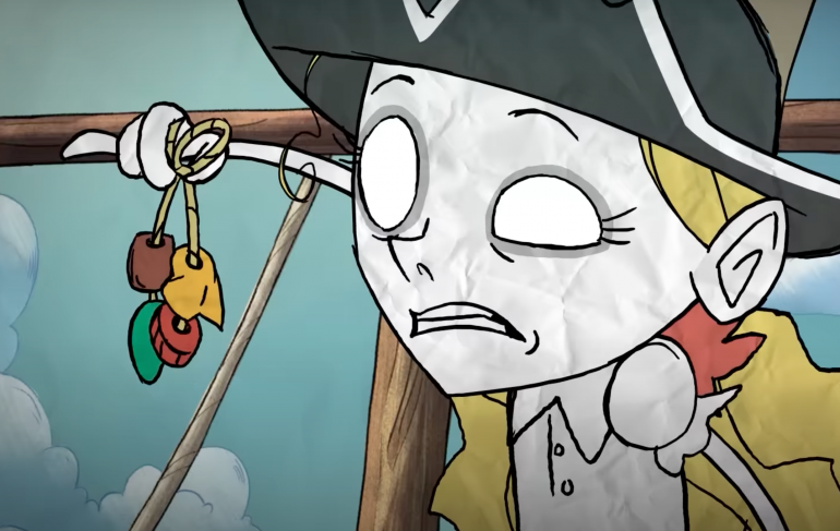 Wendy holding a cursed trinket, pinky up, her face twisted in disgust after smelling it. It apparantly doesn't smell very good.