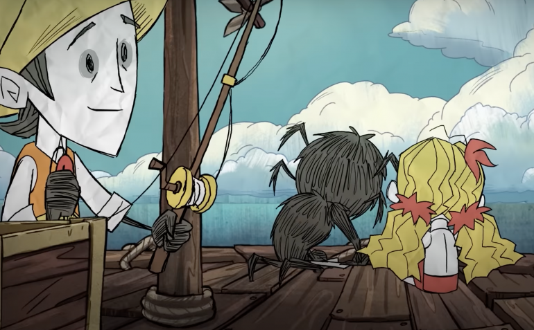 Wilson, Wendy, and Webber are on a fishing trip. Wilson smiles at Wendy and Webber, who sit at the edge of the boat.