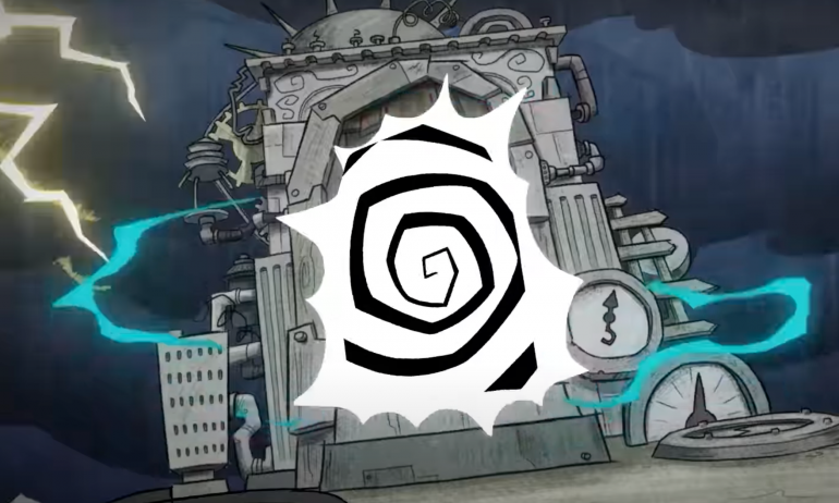 The portal "overflowing", lunar energy crackling around it as lightning strikes ominously in the background.