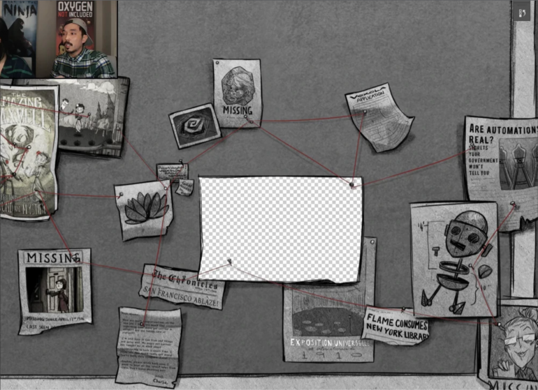 A full view of Winona's corkboard in a Rhymes with Play livestream. In the bottom-middle of the screen, a poster can be seen for the Exposition Universelle of 1910.