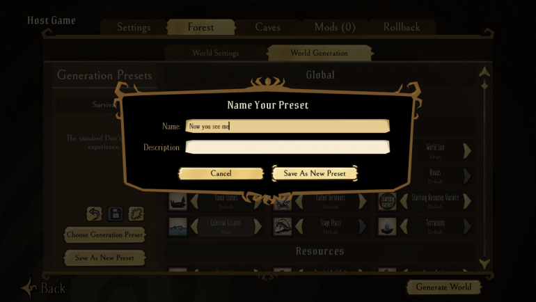 Saving a preset with the name "Now you see me"