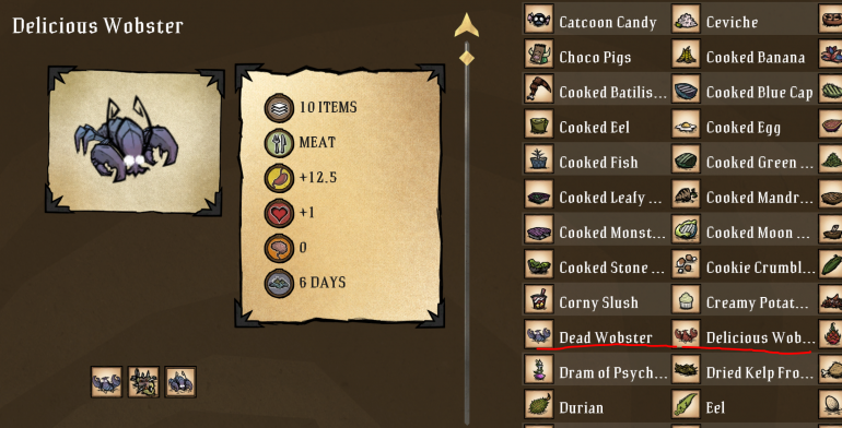 Scrapbook listing error; Dead Wobster - Don't Starve Together - Klei