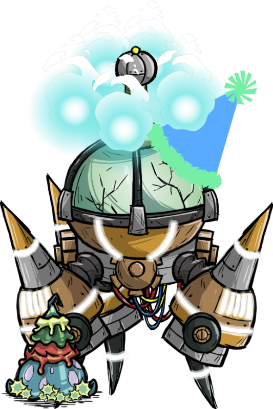 WARBOT with a clip art birthday hat, and mushcake