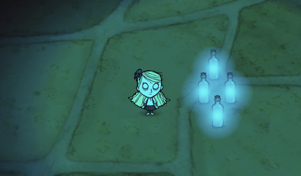 wendy standing next to a few bottle lanterns, the light of which is mixing together to create a radial gradient of cyan-blue to cyan-green.