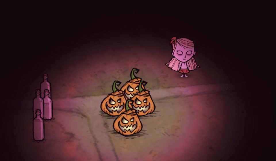 wendy standing next to a few pumpkin lanterns, the lights of which are mixing together to made a radial gradient from purple to yellow-green.