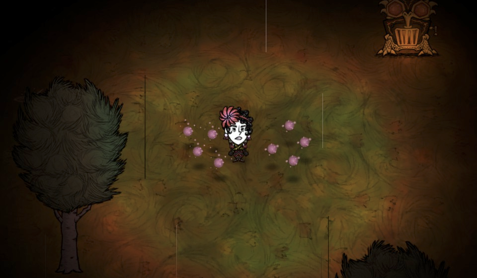 winona surrounded by red spores, the light of which are mixing together to create white.